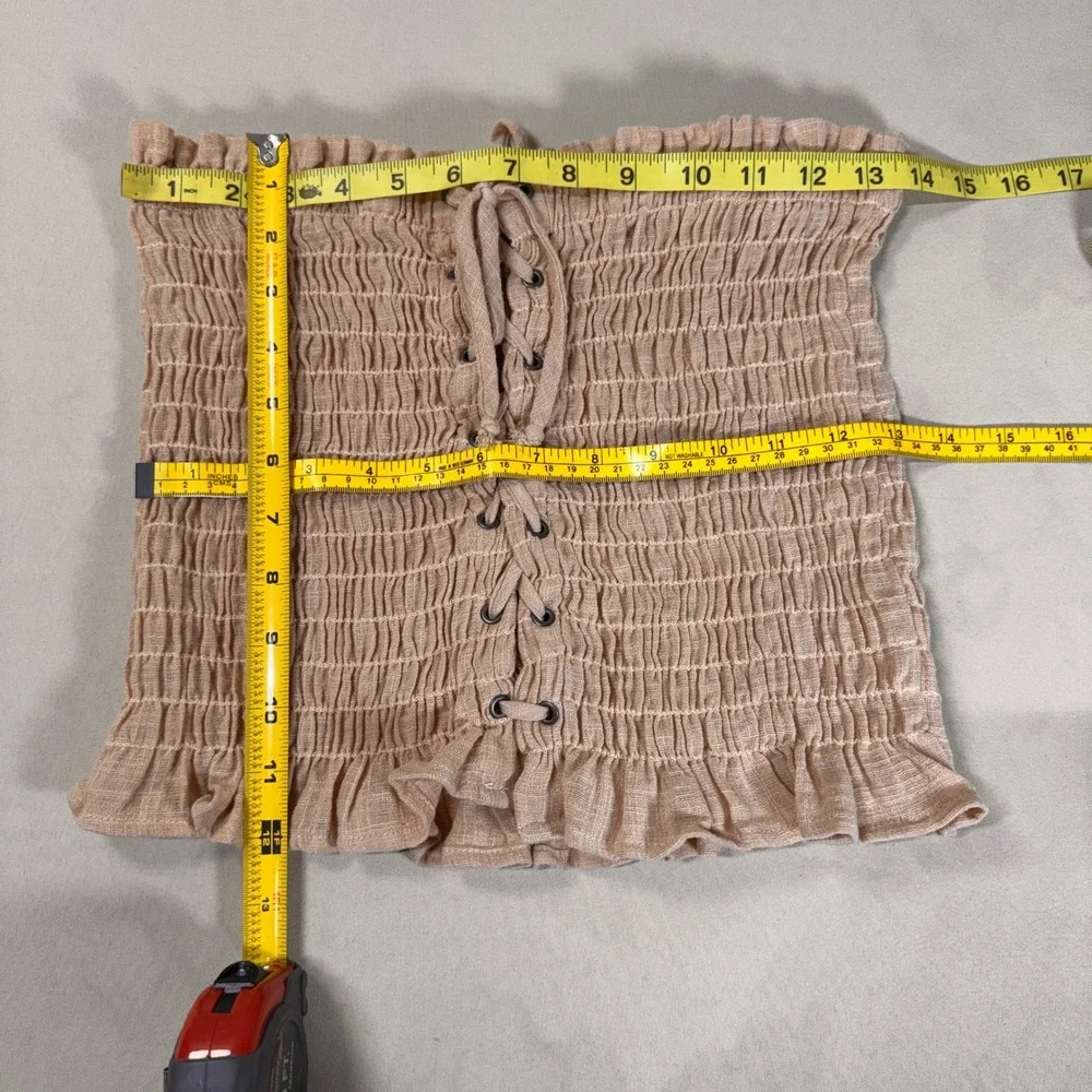 Intimately Free People Smocked Tube Top Lace Up Peach Ruffle Strapless Large EUC